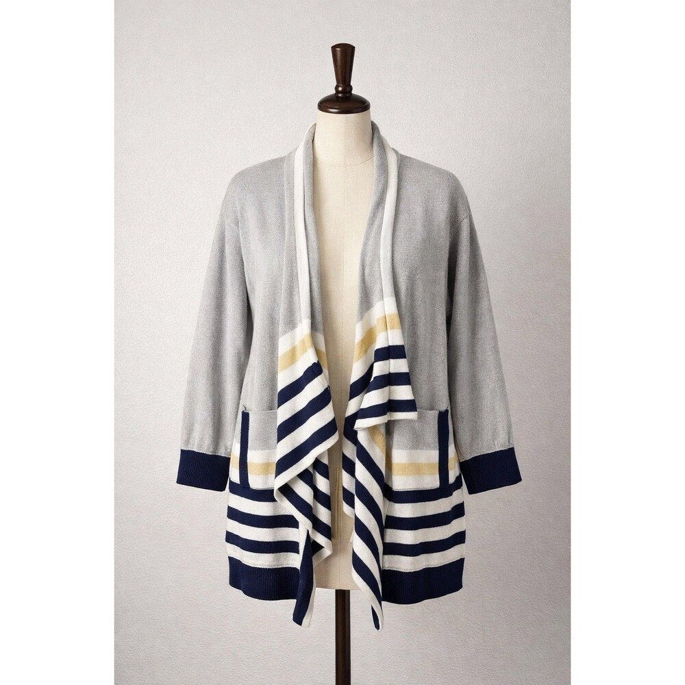 St. John Sport Wool Blend Drape Cardigan Navy Gray Stripe Pockets Size M